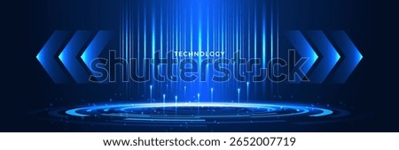 Dark blue futuristic technology background with left right arrows, glowing effect rings for banner, website, cover, presentation, vector