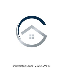 A dark blue "G" encircling a simple house icon