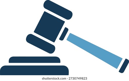 Um martelo azul escuro com uma pega azul clara repousa sobre um bloco correspondente, sobre um fundo branco para conceitos jurídicos ou judiciais