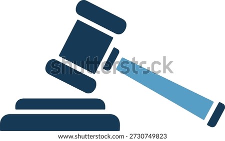 A dark blue gavel with a light blue handle rests on a matching block, on a white background for legal or judicial concepts