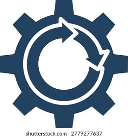A dark blue gear icon with a white circular arrow design on a white background, symbolizing process cycles and mechanical operations.