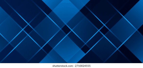 Dark blue geometric abstract background with glowing intersecting lines and overlapping squares. Futuristic tech-style design ideal for banners, websites, corporate templates, and digital graphics.

