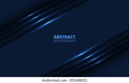 Dark blue geometric background with diagonal glowing light lines and shadows for presentation background design template. Vector illustration
