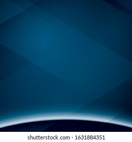 Dark blue geometric background with planet halo at footer
