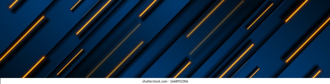 Dark Blue Geometric Banner Design With Orange Neon Laser Lines. Technology Vector Background