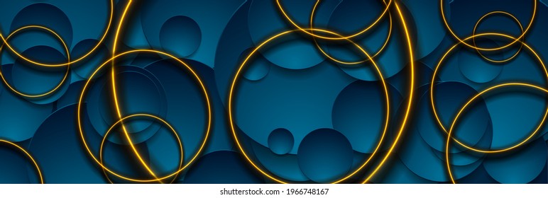 Dark blue geometric circles with glowing neon rings abstract banner. Technology vector background