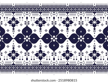 azul escuro geométrico e floral tecido étnico padrão sem costura no fundo branco, design para pano, tapete, batik, papel de parede, embalagem etc.