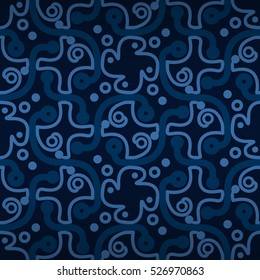Dark blue geometric seamless pattern background in maise style. Compound puzzle repeatable backdrop. Vivid, contrast design for ads, wallpaper, surface or other purpose. Contemporary decor.