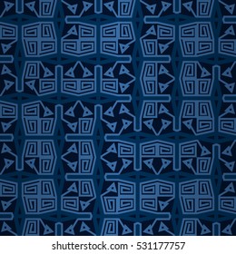 Dark blue geometrical seamless pattern background in ancient style. Entangled tessellated repeatable backdrop. Retro tracery.