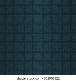 Dark blue geometrical seamless pattern background in maze style. Compound puzzle repeatable backdrop. Colored, symmetrical design for packing-paper, wallpaper, textile or other purpose.