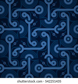 Dark blue geometrical seamless pattern in alien style. Bright, contrast design for textile, carpet, web or other purpose. Flat puzzle repeatable backdrop. Vector background.