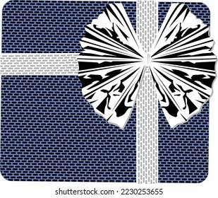 Dark blue gift box with silver bow and ribbon