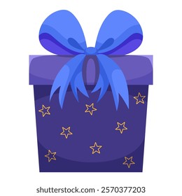 Dark blue gift box with stars and blue bow. Vector illustration of cartoon flat cute color present isolated on white background. Christmas or birthday present, anniversary or Valentine`s day gift box.