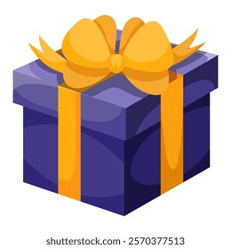 Dark blue gift box with yellow bow. Vector illustration of cartoon flat cute color present isolated on white background. Christmas or birthday present, anniversary or Valentine`s day gift box.