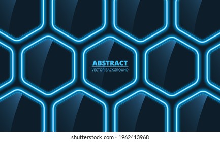 Dark blue glass hexagonal abstract background with blue neon lights. Abstract modern futuristic technology vector background. Honeycomb textured grid illustration.