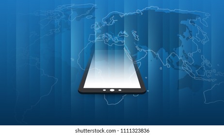 Conexiones de red digital global azul oscuro, tecnología móvil y diseño de computación en nube con mapa mundial