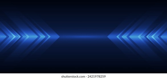 Dark blue glowing arrow light background. Future digital growth technology