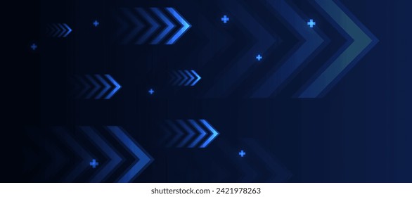 Dark blue glowing arrow light background. Future digital growth technology