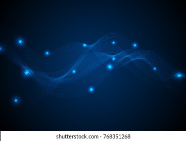 Dark blue glowing curved lines waves background. Vector design