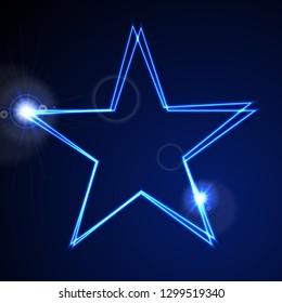 Dark blue glowing neon abstract star shape background with lens flare. Vector design