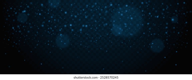 Dark blue glowing particles on transparent background. Abstract glittering dust and sparkling lights, bokeh effects