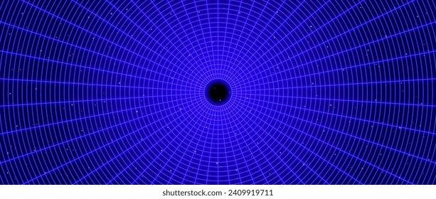 Túnel de alambre azul oscuro brillante. Neon wormhole en el espacio profundo con las estrellas. Túnel de cuadrícula en perspectiva. Embudo o ilusión de portal. Tubo de estructura de malla circular. Ilustración de la ilusión óptica del vector