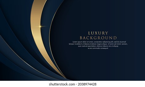 Dark blue and gold abstract curve shape background with glitter golden lines. Luxury and elegant style template design. Modern simple overlap geometric layers pattern elements. Vector illustration