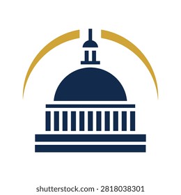 Dark blue and gold capitol building with an arched line above it