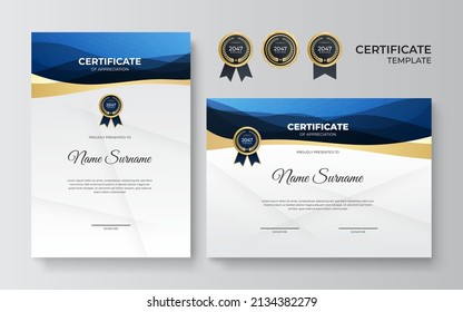 Dark blue and gold Certificate of achievement border template with luxury badge and modern wavy line pattern, shiny elements. Vector illustration for award, business, and education needs