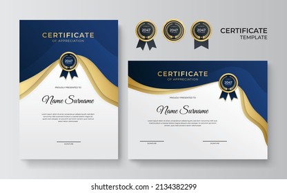 Dark blue and gold Certificate of achievement border template with luxury badge and modern wavy line pattern, shiny elements. Vector illustration for award, business, and education needs