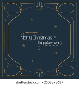 Dark blue and gold Christmas design, with delicate lines and modern twist, perfect for sophisticated holiday greeting. Winter holiday concept. Postcard, invitation, greetings template. Art deco style.