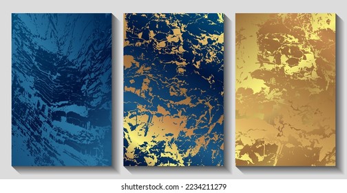 Dark blue gold cover vector design set. Creative premium abstract  backgrounds with gold marble texture crack. Luxury vector collection for invitation, brochure template, business blue gold covers.