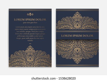 Dark blue and gold luxury invitation card design. Vintage ornament template. Can be used for background and wallpaper. Elegant and classic vector elements great for decoration.