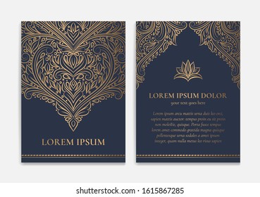 Dark blue and gold luxury invitation card design. Vintage ornament template. Can be used for background and wallpaper. Elegant and classic vector elements great for decoration.