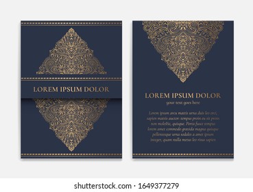 Dark blue and gold luxury invitation card design. Vintage ornament template. Can be used for background and wallpaper. Elegant and classic vector elements great for decoration.