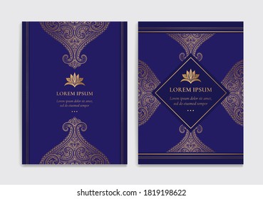 Dark blue and gold luxury invitation card design. Vintage ornament template. Can be used for background and wallpaper. Elegant and classic vector elements great for decoration.