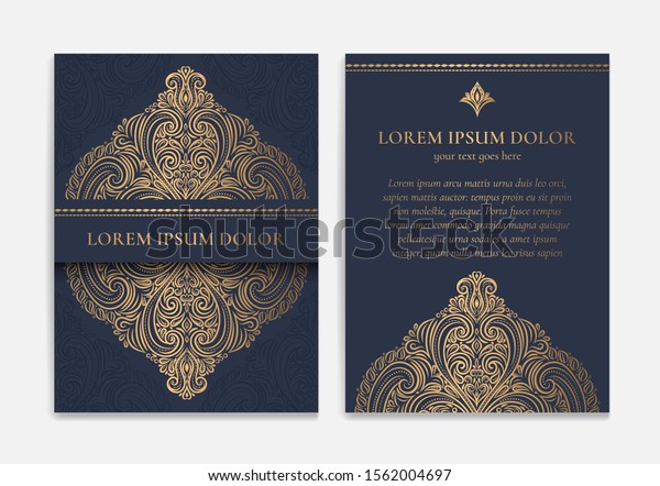 Dark blue\
and gold luxury invitation card design. Vintage ornament template.\
Can be used for background and wallpaper. Elegant and classic\
vector elements great for\
decoration.