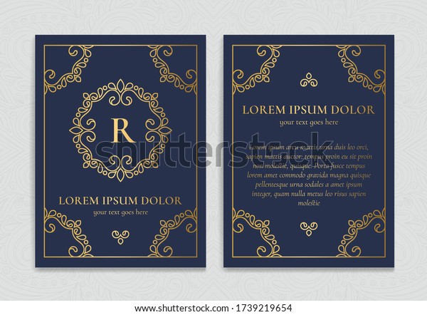 Dark blue\
and gold luxury invitation card design. Vintage ornament template.\
Can be used for background and wallpaper. Elegant and classic\
vector elements great for\
decoration.