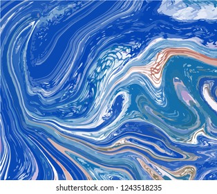 Dark Blue and Gold Marble Vector Ink Texture. Hand drawn marbling illustration technique. Watercolor imitation digital stains, abstract background, aqua print artistic effect.