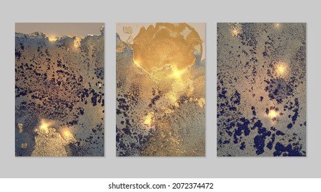 Dark blue and gold pattern with texture of geode and sparkles. Abstract vector background in alcohol ink technique. Modern paint with glitter. Set of backdrops for banner, poster design. Fluid art