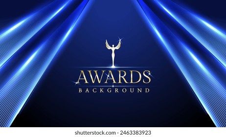 Dark blue and gold royal awards graphic background. Elegant shining lines growing. Luxurious premium corporate abstract design. Trophy banner certificate dynamic shape.