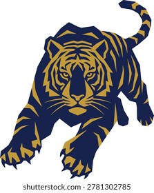 Dark blue and gold tiger pouncing illustration for modern branding