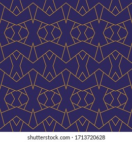 Dark blue gold trellis lines art deco geometric seamless pattern. Premium vector design. Rich royal decorative geometric ornament. Gold and blue colors geometric seamless vector background pattern.