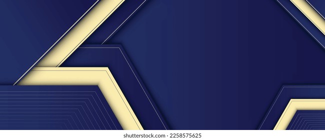 The dark blue and gold triangular shapes overlap in the background with gold and glittering stripes. Abstract template vector design. Design for banners, covers.
