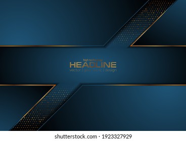 Dark blue and golden abstract tech geometric background. Luxury glitter dots concept vector design