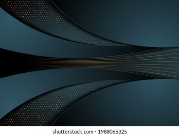 Dark blue and golden abstract tech wavy background. Luxury glitter dots concept vector design