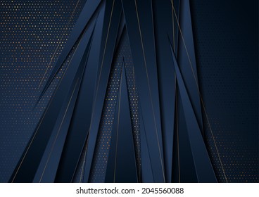 Dark blue and golden abstract tech geometric background. Luxury glitter dots corporate vector design