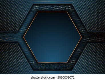 Dunkelblauer und goldener abstrakter technischer geometrischer Hintergrund mit Hexagon. Luxusglitter-Dots-Konzept, Vektordesign