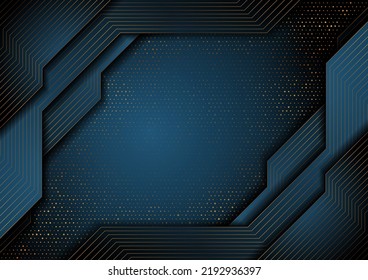 Dark blue and golden abstract tech geometric background. Luxury glitter dots concept vector design