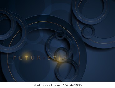 Dark blue and golden geometric background with abstract circles. Vector design